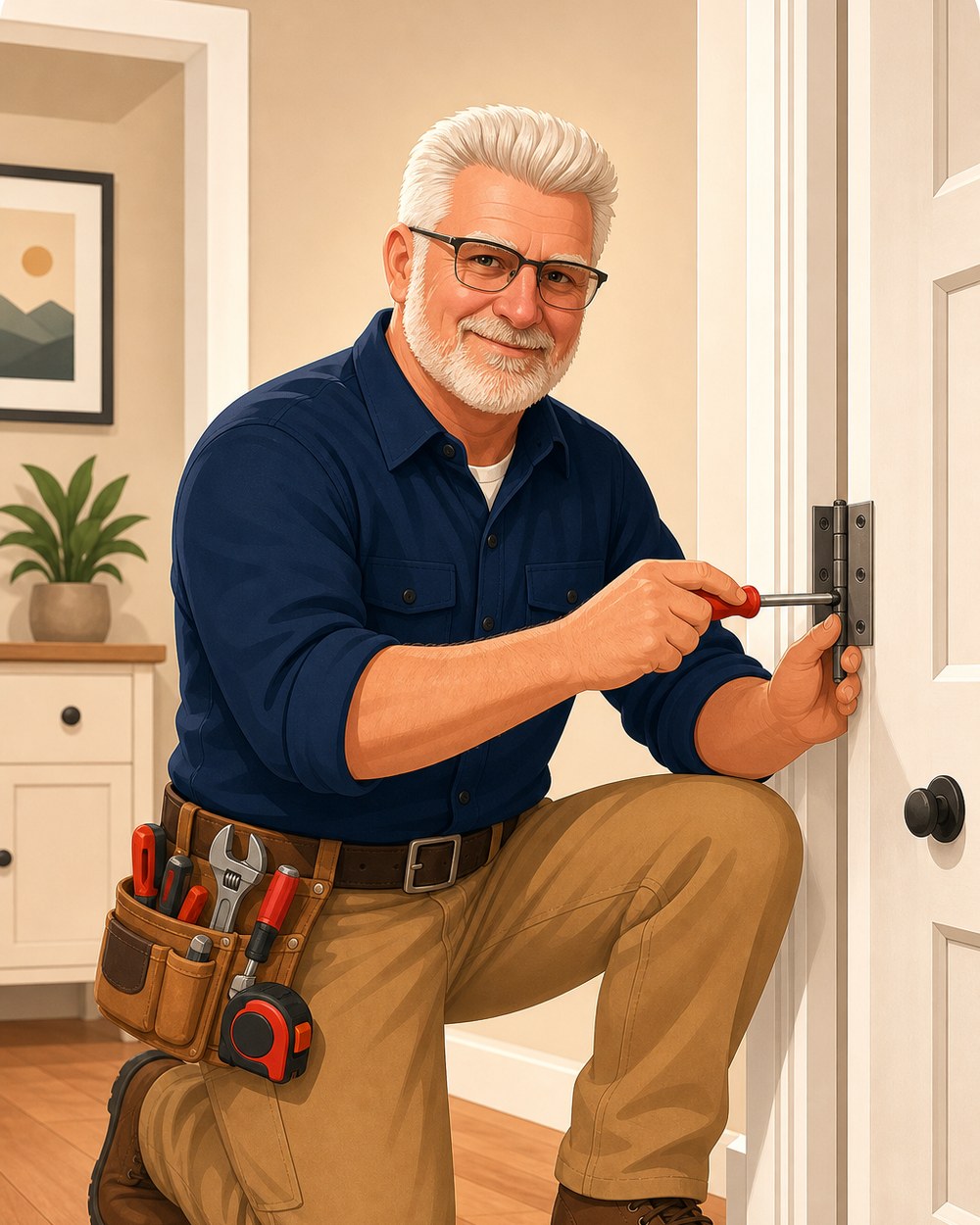Jacq of All Trades handyman repairing a door hinge in a home